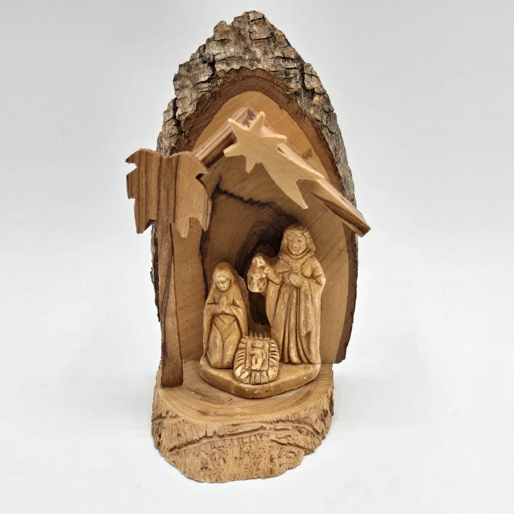 Vtg Live Edge Carved Wood Nativity Scene Christmas Decor Shelf Sitter